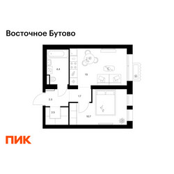 Планировка однокомнатной(квартира) площадью 34.6 квадратных метров в ЖК “ЖК Восточное Бутово”