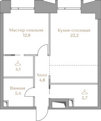 Планировка однокомнатной(квартира) площадью 55 квадратных метров в ЖК “ЖК Коллекция Лужники”