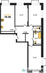 Планировка трехкомнатной(квартира) площадью 76.06 квадратных метров в ЖК “ЖК Квартал Строгино”