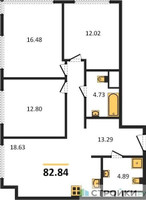 Планировка трехкомнатной(квартира) площадью 82.61 квадратных метров в “ЖК 1-й Нагатинский (Первый Нагатинский)”