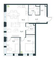 Планировка трехкомнатной(квартира) площадью 71.3 квадратных метров в “ЖК Level Селигерская”