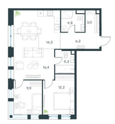Планировка трехкомнатной(квартира) площадью 71.3 квадратных метров в ЖК “ЖК Level Селигерская”