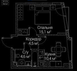 Планировка однокомнатной(квартира) площадью 34.6 квадратных метров в ЖК “ЖК СЕЗАР БУДУЩЕЕ”