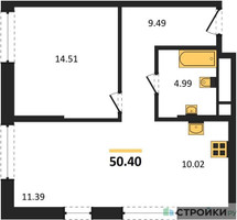 Планировка однокомнатной(квартира) площадью 50.7 квадратных метров в “ЖК Self (Селф)”