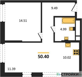 Планировка однокомнатной(квартира) площадью 50.7 квадратных метров в ЖК “ЖК Self (Селф)”