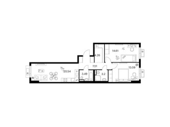 Планировка двухкомнатной(квартира) площадью 66.7 квадратных метров в ЖК “ЖК Ильинские луга”