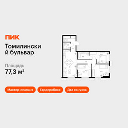Планировка трехкомнатной(квартира) площадью 77.3 квадратных метров в ЖК “ЖК Томилинский бульвар”