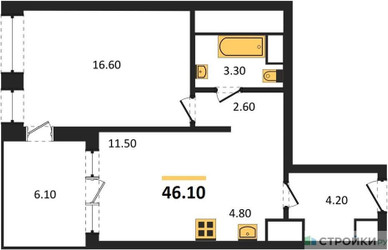 Планировка однокомнатной(квартира) площадью 46.1 квадратных метров в ЖК “ЖК VERY на Миклухо-Маклая (Вери на Миклухо-Маклая)”