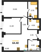 Планировка двухкомнатной(квартира) площадью 64.4 квадратных метров в “ICE TOWERS (Айс Тауэрс)”