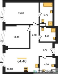 Планировка двухкомнатной(квартира) площадью 64.4 квадратных метров в ЖК “ICE TOWERS (Айс Тауэрс)”