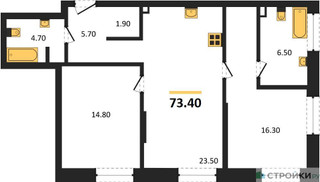 Планировка двухкомнатной(квартира) площадью 73.4 квадратных метров в “ЖК STONE Rise (Райз)”