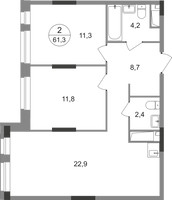 Планировка двухкомнатной(квартира) площадью 61.3 квадратных метров в “ЖК Первый Московский”