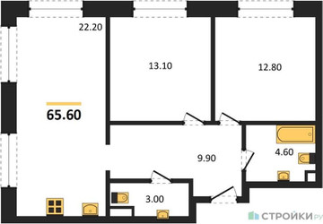 Планировка двухкомнатной(квартира) площадью 65.6 квадратных метров в ЖК “ЖК ЗИЛАРТ”