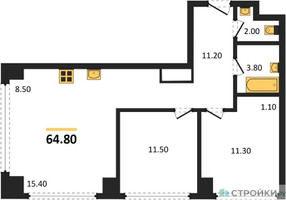 Планировка двухкомнатной(квартира) площадью 64.8 квадратных метров в “ЖК Very (Вери)”