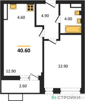 Планировка однокомнатной(квартира) площадью 40.6 квадратных метров в “ЖК Родные кварталы”