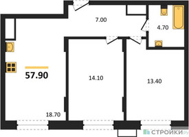 Планировка двухкомнатной(квартира) площадью 57.9 квадратных метров в “ЖК Резиденции Сколково”