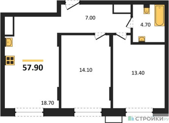 Планировка двухкомнатной(квартира) площадью 57.9 квадратных метров в ЖК “ЖК Резиденции Сколково”