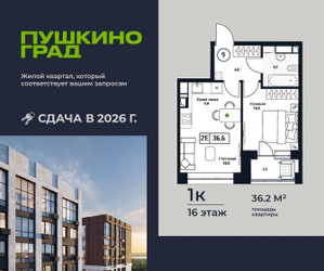 Планировка однокомнатной(квартира) площадью 36.2 квадратных метров в ЖК “ЖК Пушкино Град”