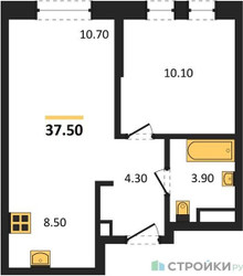 Планировка однокомнатной(квартира) площадью 37.5 квадратных метров в ЖК “ЖК Квартал на воде (Графика на воде)”