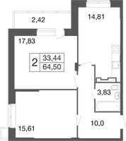 Планировка двухкомнатной(квартира) площадью 64.5 квадратных метров в “ЖК Времена года”