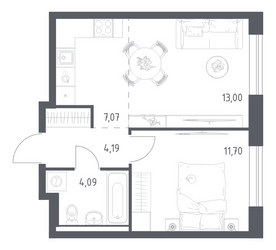 Планировка однокомнатной(квартира) площадью 40.05 квадратных метров в ЖК “ЖК Квартал Авиаторов”