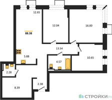 Планировка трехкомнатной(квартира) площадью 88.38 квадратных метров в “ЖК Егорово Парк”