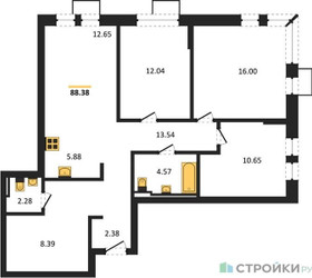 Планировка трехкомнатной(квартира) площадью 88.38 квадратных метров в ЖК “ЖК Егорово Парк”