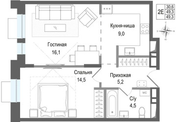 Планировка двухкомнатной(квартира) площадью 49.3 квадратных метров в ЖК “ЖК КИНОКВАРТАЛ”