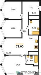 Планировка трехкомнатной(квартира) площадью 78 квадратных метров в ЖК “Акценты”