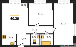 Планировка двухкомнатной(квартира) площадью 60.2 квадратных метров в “ЖК Квартал Марьино”