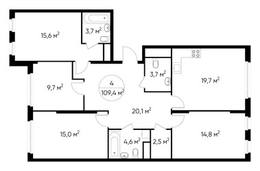 Планировка 4+ комнатной(квартира) площадью 109.4 квадратных метров в ЖК “ЖК Переделкино Ближнее”