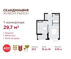 Планировка однокомнатной(квартира) площадью 29.7 квадратных метров в ЖК “ЖК Скандинавия”