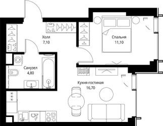 Планировка однокомнатной(квартира) площадью 40.9 квадратных метров в ЖК “ЖК Веер”