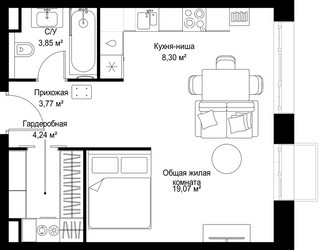 Планировка студии(квартира) площадью 39.23 квадратных метров в ЖК “Архитектурный проект Мыс”