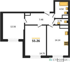 Планировка двухкомнатной(квартира) площадью 55.26 квадратных метров в “ЖК Новотомилино”