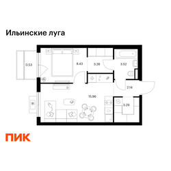 Планировка однокомнатной(квартира) площадью 37.15 квадратных метров в ЖК “ЖК Ильинские луга”