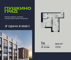 Планировка однокомнатной(квартира) площадью 38.8 квадратных метров в “ЖК Пушкино Град”