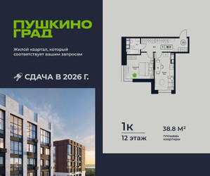 Планировка однокомнатной(квартира) площадью 38.8 квадратных метров в ЖК “ЖК Пушкино Град”