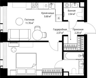 Планировка однокомнатной(квартира) площадью 43.63 квадратных метров в ЖК “ЖК Веер”