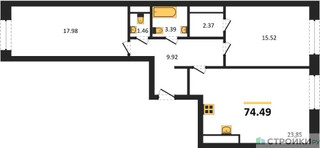 Планировка двухкомнатной(квартира) площадью 74.49 квадратных метров в “ЖК Городские Истории”