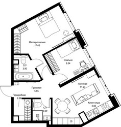 Планировка двухкомнатной(квартира) площадью 58.75 квадратных метров в ЖК “Дом премиум-класса МИРА”
