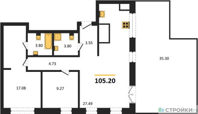 Планировка двухкомнатной(квартира) площадью 105.2 квадратных метров в ЖК “ЖК ФизтехСити”
