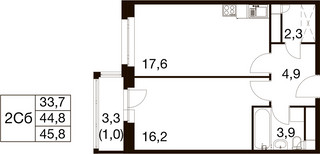 Планировка однокомнатной(квартира) площадью 44.4 квадратных метров в “ЖК Идеал”