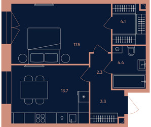 Планировка однокомнатной(квартира) площадью 45.3 квадратных метров в ЖК “ЖК Era (Эра)”