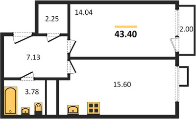Планировка однокомнатной(квартира) площадью 43.4 квадратных метров в ЖК “ЖК Катуар”