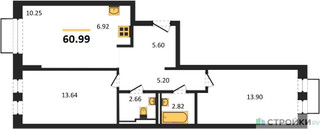 Планировка двухкомнатной(квартира) площадью 60.99 квадратных метров в “ЖК Рублевский Квартал”