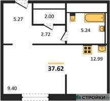 Планировка студии(квартира) площадью 37.62 квадратных метров в “ЖК Новое Внуково”