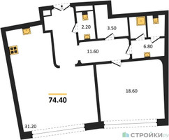 Планировка однокомнатной(квартира) площадью 74.4 квадратных метров в “ЖК Nicole (Николь)”