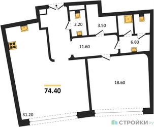 Планировка однокомнатной(квартира) площадью 74.4 квадратных метров в ЖК “ЖК Nicole (Николь)”