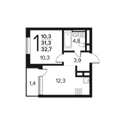 Планировка однокомнатной(квартира) площадью 32.7 квадратных метров в ЖК “Новые Ватутинки. Заречный”